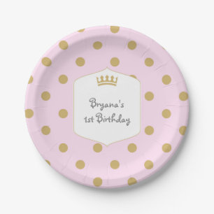 Roze & Gouden Stippen Koninklijke Kroon Prinsessen Papieren Bordje