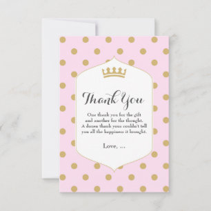 Roze & Gouden Stippen Koninklijke Kroonprinses Bed Bedankkaart