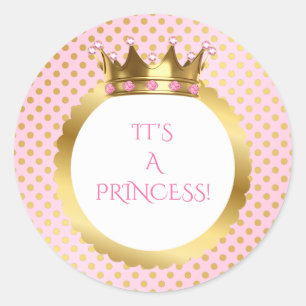 Roze & Gouden Stippen Koninklijke Prinsessen Kroon Ronde Sticker