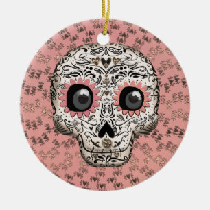 Roze & Gouden Suiker Skull & Lieve Grilharteborste Keramisch Ornament