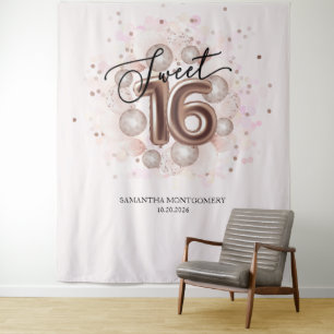 Roze Gouden Sweet 16 Verjaardagsballonnen Roze Ach Wandkleed