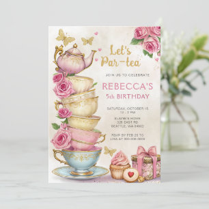 Roze Gouden Tea Party Meisje Verjaardag Kaart