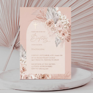 roze gouden tekst Doop boho bloemen Folie Uitnodiging