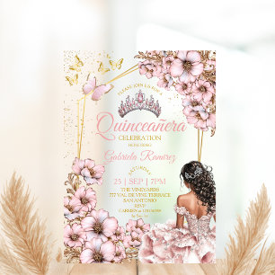 Roze Gouden Tiara Bloem Butterfly Quinceañera Acryl Uitnodigingen