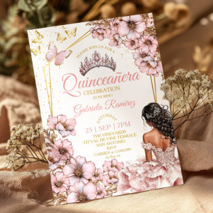 Roze Gouden Tiara Bloem Vlinder Quinceañera Kaart