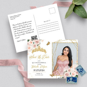 Roze & Gouden Tiara Quinceañera Foto Ansichtkaart Briefkaart