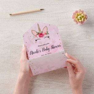 Roze & Gouden Trendy All in One Baby Shower Uitnodiging