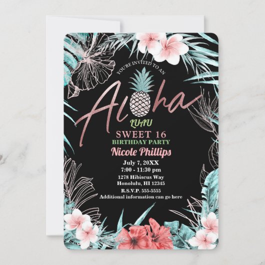 Roze Gouden Tropische Ananas Aloha Luau Sweet 16 Kaart (Voorkant)