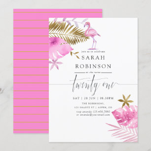 Roze & Gouden Tropische Flamingo 21e Verjaardagsfe Kaart