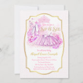 Roze Gouden Tutu Prinses Sip en Bekijk Uitnodiging (Voorkant)