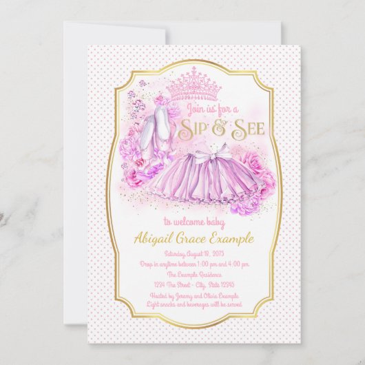 Roze Gouden Tutu Prinses Sip en Bekijk Uitnodiging (Voorkant)
