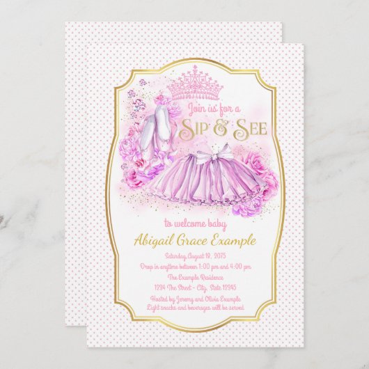 Roze Gouden Tutu Prinses Sip en Bekijk Uitnodiging (Voorkant / Achterkant)