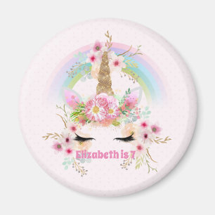 Roze Gouden UNICORN Regenboog Bloemen Meisjes NAAM Magneet
