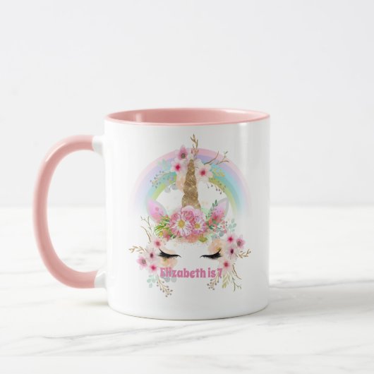 Roze Gouden UNICORN Regenboog Bloemen Meisjes NAAM Mok (Links)