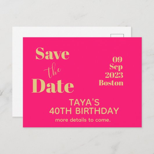 Roze Gouden Verjaardag  Save The Date   Briefkaart (Voorkant / Achterkant)