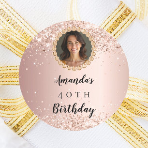 Roze gouden verjaardagsfoto diamanten ronde sticker