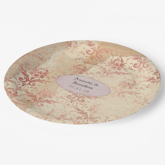Roze Gouden Vervaaagde Damast Bruiloft Papieren Bordje (Gekanteld)