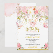Roze & Gouden vlinder baby shower uitnodiging (Voorkant / Achterkant)