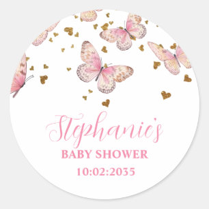 Roze & Gouden Vlinder Kusjes Baby Shower Ronde Sticker