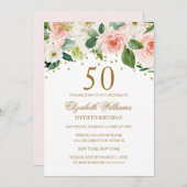 Roze Gouden Waterverf Bloemen 50ste Verjaardag Kaart (Voorkant / Achterkant)