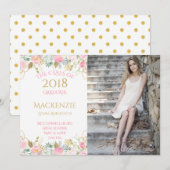 Roze Gouden Waterverf Bloemen Foto Afstuderen Aankondiging (Voorkant / Achterkant)