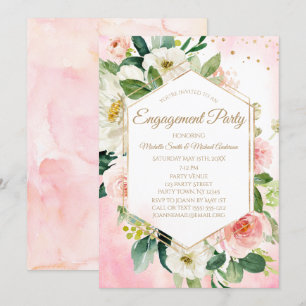Roze Gouden Waterverf Bloemen Verlovingsfeest Kaart