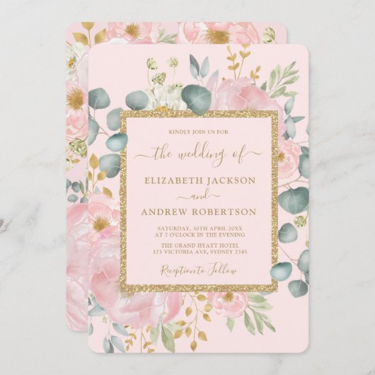 roze gouden Waterverf bloemenluxe bruiloft Kaart (Voorkant / Achterkant)