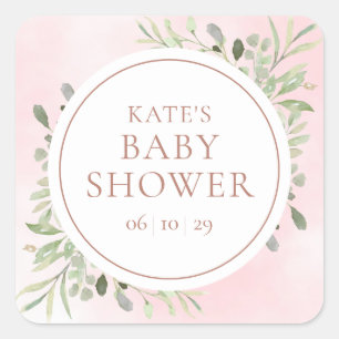 Roze Gouden Waterverf Groene Baby Shower Vierkante Sticker