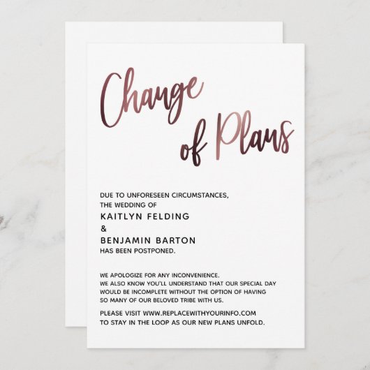 Roze Gouden Wijziging Van Plannen Uitgestelde Trou Kaart (Voorkant / Achterkant)