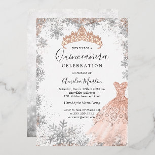 Roze Gouden Winter Sneeuwvlok Zilveren Quinceanera Folie Uitnodiging