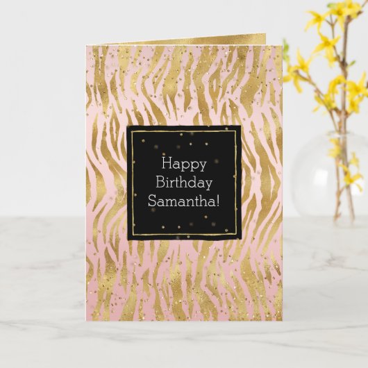 Roze Gouden Zebra Glitz Confetti Kaart (Gele Bloem)