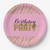 Roze gouden zebra print faux glitter verjaardag papieren bordje (Voorkant)