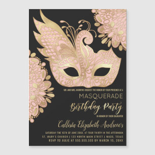  roze gouden zwarte maskerade Masker Birthday Magnetische Uitnodiging