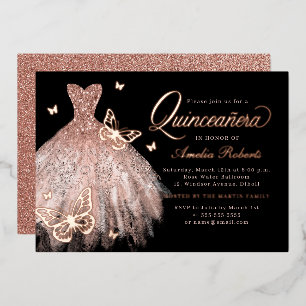 Roze Gouden Zwarte Vlinder Jurk Quinceanera Folie Uitnodiging