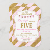 Roze goudglitter Sparkle Vijfde verjaardag Uitnodi Kaart (Voorkant / Achterkant)
