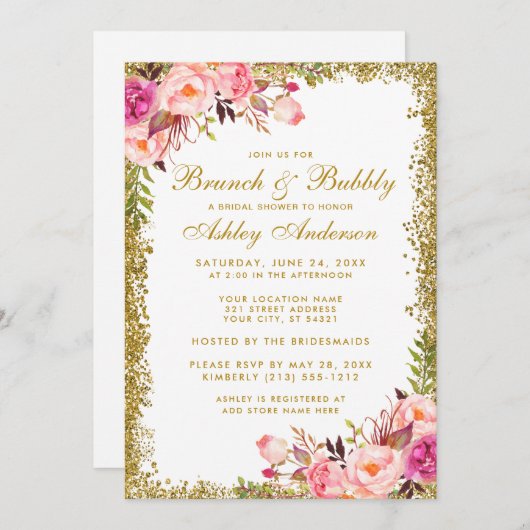 Roze goudglitter Vrijgezellenfeest Brunch Invite Kaart (Voorkant / Achterkant)