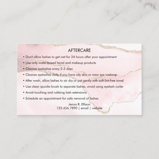 Roze goudmarmer Agate Lash Nazorginstructies Visitekaartje (Achterkant)