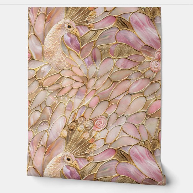 Roze goudpacock behang (Afrollen)