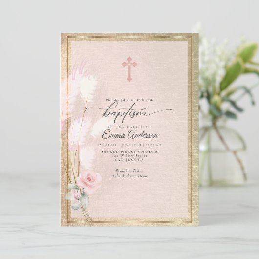 Roze goudpampas grass Floral BAPTISM Kaart (Staand voorkant)