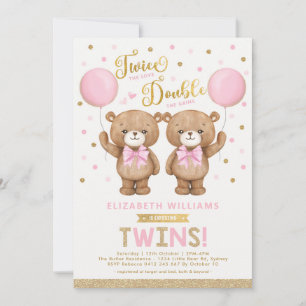 Roze goudtijger Bear Balloon Twin Girl Baby shower Kaart