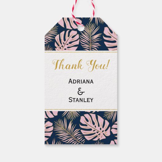 Roze goudtropische bladeren marineschandje bedankt cadeaulabel (Achterkant)
