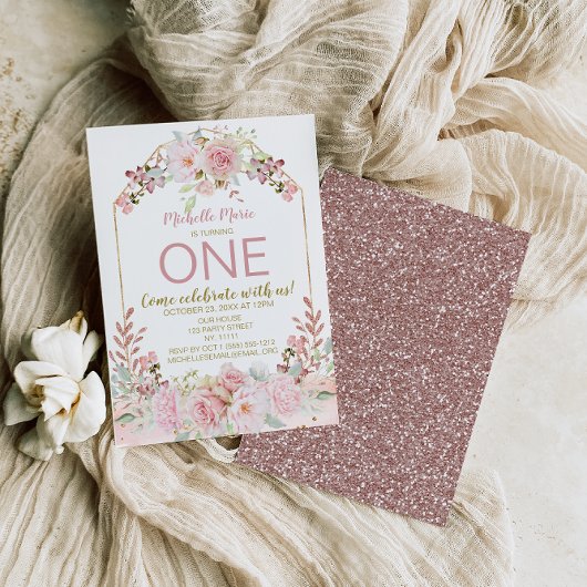 roze goudWaterverf Floral eerste verjaardag Kaart