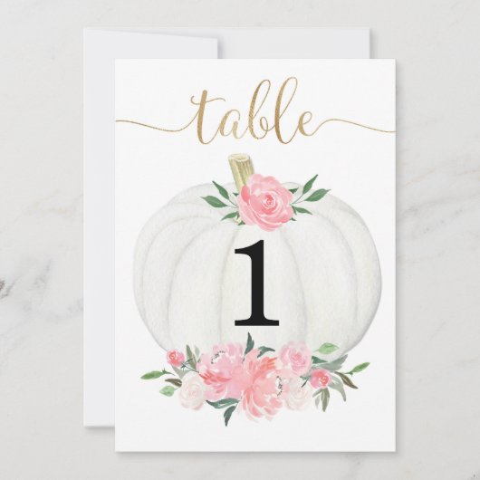 Roze goudwitte pompoen met 5"x7" tafelnummers (Voorkant)