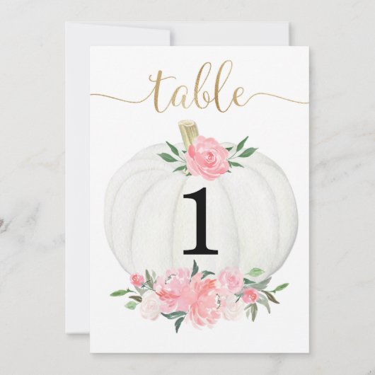 Roze goudwitte pompoen met 5"x7" tafelnummers (Achterkant)