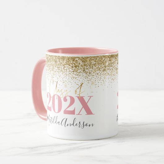 roze gouglitter afstuderen elegant script mok (Voorkant links)