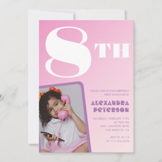 Roze Gradiënt 8e verjaardag uitnodigingen Meisje F (Voorkant)