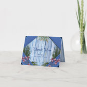 Roze grafische bloemen op blauw-hout-textiel textu bedankkaart (Voorkant)