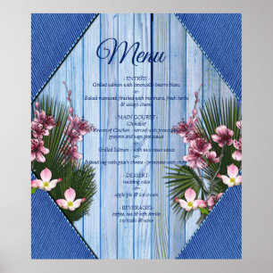 Roze grafische bloemen op blauw-hout-textiel textu poster