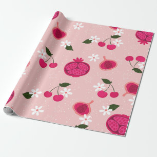 Roze granaatappel fruit kersen bloemenmadeliefje cadeaupapier