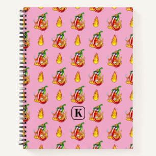 Roze grappige brandweerman Chili en vlampatroon Notitieboek